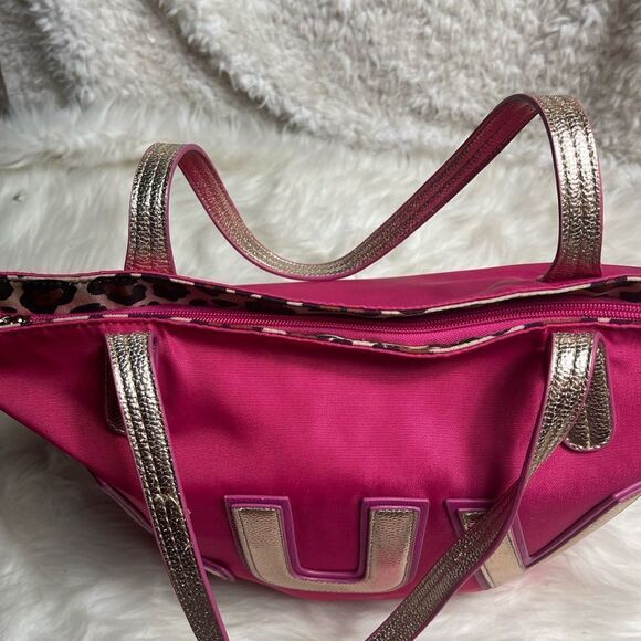 Luv Betsey by Betsey Johnson hot pink fabric Tote faux leather gold straps - Picture 7 of 13